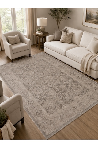 Shiraz Shr 01 Grey Vintage Eskitme Tarzı Yumuşak Dokulu Salon Halısı Oturma Odası Halısı Gri
