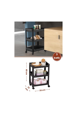 Flosoft 3 Katlı Tekerlekli Düzenleyici Raf, Mutfak Banyo Temizlik Katlı Organizer 22x36x48cm Siyah Siyah