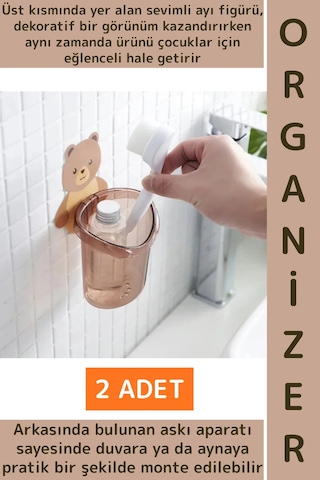 Asılabilir Kolay Montaj Mutfak Banyo Küçük Eşya Çocuk Odası Sevimli Ayı Figürlü Organizer 2 Adet Çok Renkli
