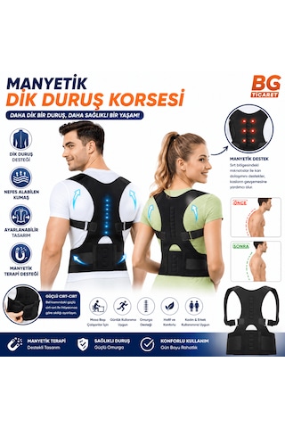 Manyetik Dik Duruş Korsesi Ayarlanabilir Omuz Sırt Bel Destekleyici Kamburluk Önleyici Unisex Siyah Günlük Kullanım