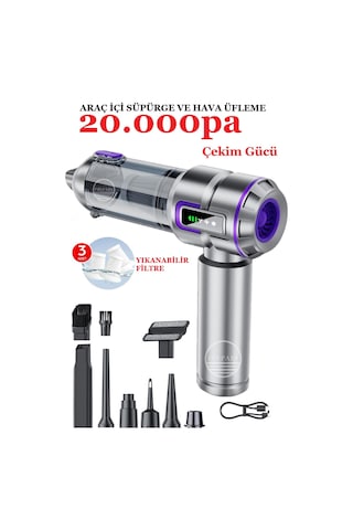Kablosuz Araç İçi Süpürge 20.000pa Basınçlı Üfleme Ve Çekme Süpürgesi 12 Parçalı Temizleme Seti Gri
