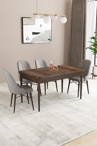 Sar Pakete Almira Serisi, Barok Ahşap Desen 80x132 Açılabilir Mdf Mutfak Masası Takımı 4 Adet Sandalye Gri