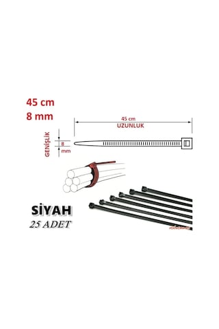25 Adet 45Cm X 8Mm Plastik Cırt Kelepçe Kablo Bağı Siyah