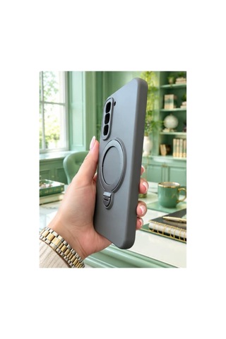 İnfinix Hot 50 Pro Plus 4g İle Uyumlu 360 Derece Dönebilen Kalın Metal Magsafe Halka Stantlı İçi Kadife Korumalı Ultra Lüx Premium Silikon Kılıf Gri