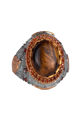 Gerçek Doğal Taş Yüzük - Sultan Yüzük - 925 Ayar Gümüş Yüzük Kaplan Gözü Gümüş