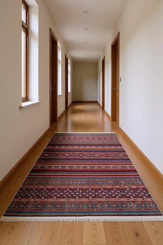 Blghome Renkli Çizgiler Modern Halı Dekoratif Kilim Kırmızı
