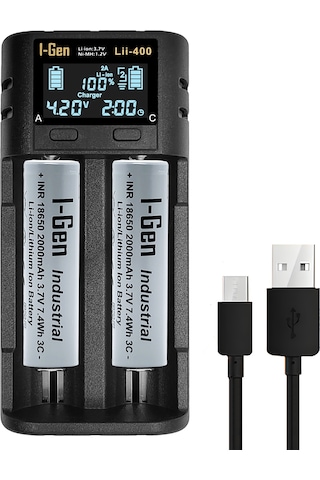 I-gen G220 2'li 18650 Li-ıon Akıllı Pil Şarj Aleti + 2 Adet 18650 2000mah 3.7v 7.4wh Li-ıon Pil Seti