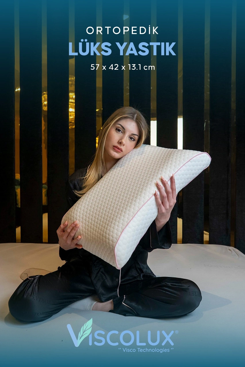 Bombeli Lüx Boyun Destekli Ortopedik Yastık Anti-aging Visco Yastık 57x42x13/11 Pembe