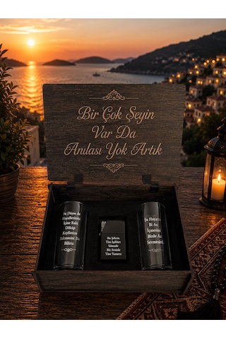 Kişiye Özel Ahşap Kutulu 2 Li Rakı Bardağı Ve Çakmak Hediye Seti