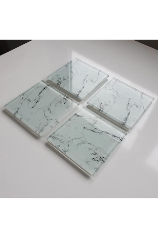 Decorıta 4'lü Takım / Cam Bardak Altlığı / 10cm X 10cm / Beyaz Mermer Genel