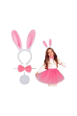Pembe Tavşan Tacı Etek Papyon Kuyruk Kostüm Seti Çocuk Boy
