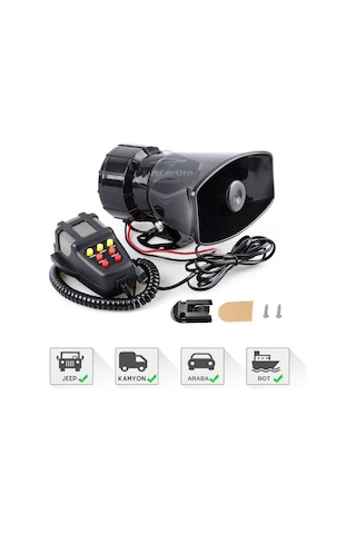 Her Araca Uyumlu  7 Sesli Güçlü Siren Korna Mikrofonlu Megafonlu 12v Polis Sireni 100w