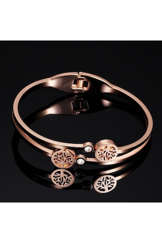 Novahub Altın 304 Titanyum Çelik Kadın Gül Altın Şans Ağacı Pırlanta Bileklik - Galvanik Kaplama - Geometrik Tasarım Altın