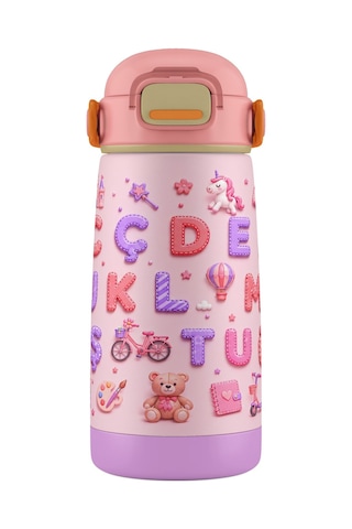 Puccon 420 Ml Kız Çocuklar İçin Alfabe Harfler Baskılı Çelik Matara Termos Suluk - 60018 Pembe - Mor
