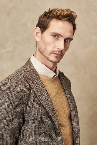 AC&Co / Altınyıldız Classics Altınyıldız Classics Erkek Kahverengi-Gri Slim Fit Dar Kesim Kırlanıgıç Yaka Ekose Desenli Yünlü Ceket 4A0423100015KVG466N Kahverengi - Gri