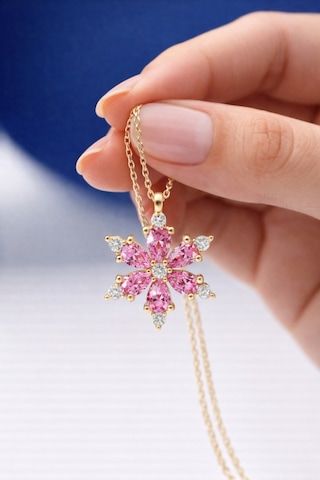Çekirdekjewelry Pembe Taşlı Kamelya Çiçeği Kolye Sarı Pembe
