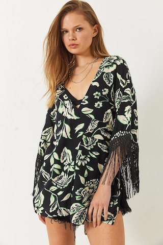 Shade Kadın Püskül Detaylı Bağlamalı Desenli Kısa Viskon Kimono 60261497 - Siyah