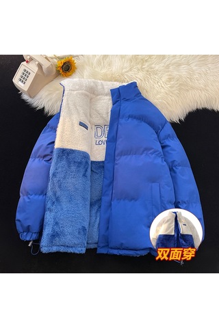 2025 Yeni Çift Taraflı Bol Kesim Kuzu Yünü Pamuklu Dolgulu Ceket, Unisex Çift Pamuklu Dolgulu Mont Mavi