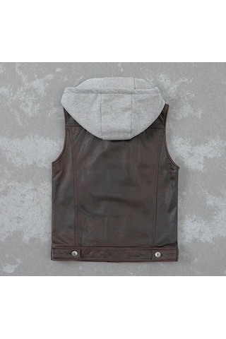 Kapüşonlu Hakiki Deri Yelek Acı Kahve