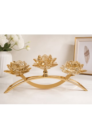 3 Kollu Kristal Cam Köprü Gold Renk Şamdan 40cm Uzunluk / 17cm Yükseklik Amber - Gold