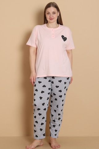 Wordex Mirano 4515 Kalpli Kısa Kollu Pamuklu Penye Büyük Beden Kadın Pijama Takımı Soft Pembe