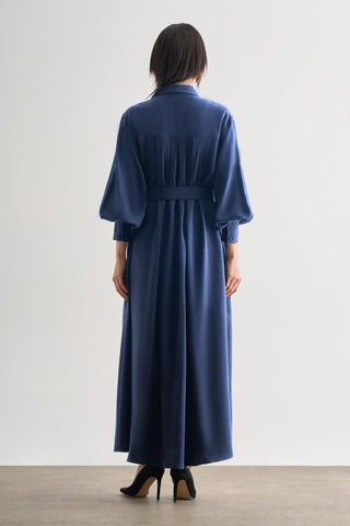 Mizalle Tencel Dokulu Pile Detaylı Kemerli Maksi İndigo Mavi Elbise Indigo