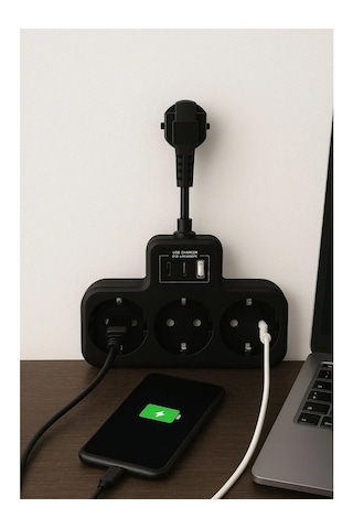 Fulltech Çoklu Kablolu Priz Yüksek Gerilim Korumalı 3 Lü Priz 1x Usb 2x Type-c Çıkışlı Grup Priz Çoğaltıcı 0