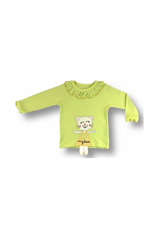 6-9 9-12 12-18 Ay Elbiseli Kedi Nakışlı Bandanalı Uzun Kollu Sweat 3lü Kız Bebek Takımı Yeşil