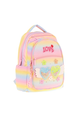Kaukko Kids Simli Kalp Ve Çiçek Detaylı Kız Çocuk Dört Bölmeli Okul Çantası - L5213 Sarı - Pembe