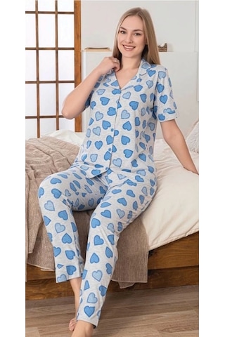 Alissa 6275 Kadın Mavi Kalp Desenli Patlı Pijama Takımı Gri