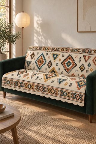 Çok Amaçlı Kadife Koltuk Örtüsü Kaymaz Süngerli 165x215 Cm Modern Bohem Çekyat Şalı Piknik Masa Örtüsü Alk15 krem