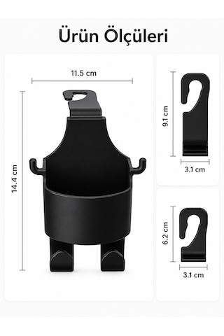 Araç Koltuk Arkası Organizer - 2'li Paket - Bardak + Telefon + Tablet Tutucu - Araç İçi Düzenleyici Askılık Aparat 2 Adet - Siyah
