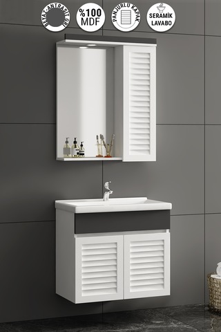 Çuha 55 Cm Beyaz-antrasit Gri Mdf Panjur Asma Banyo Dolabı Takımı Beyaz - Antrasit