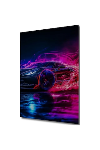 Neon Işıltılı Süper Spor Araba Yağlı Boya Görünümlü Ahşap Dekoratif Tablo Uynkfrk69016