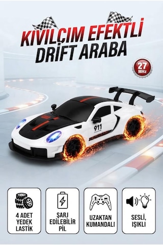 Uzaktan Kumandalı Kıvılcım Efekt Porsche Drift Yarış Arabası 4 Adet Yedek Lastik 26 Cm Sesli Oyuncak Beyaz