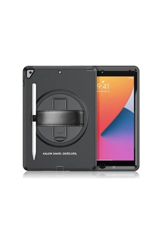 Jenerik Apple İpad 10.2 7.nesil Kılıf Hand Strap Tablet Kılıfı - Siyah