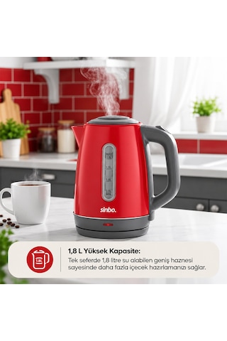 Kırmızı Çelik Kettle Su Isıtıcısı Kablosuz Kullanım 1.8lt 360 Derece Dönebilme Otomatik Kapanma