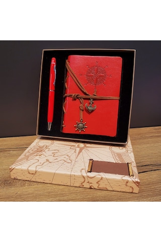 Kırmızı Pusula Tasarım Deri Defter Ve Touchpen Kalem Seti