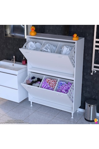 Modilayn İlkim Modern Çamaşır Ünitesi, 90x138x32,5 Cm Gizli 6 Göz Akıllı Sepetli Dolap Beyaz