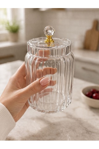 Qerhome 3'lü Borosilikat Cam Optik Çizgili Kristal Gold Kapaklı Kavanoz Seti 800 Ml Şeffaf