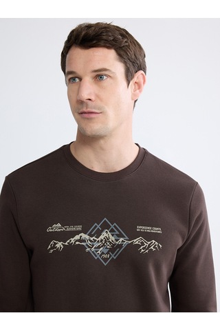 Lcwaıkıkı Classic Kahverengi Bisiklet Yaka Baskılı Erkek Sweatshirt