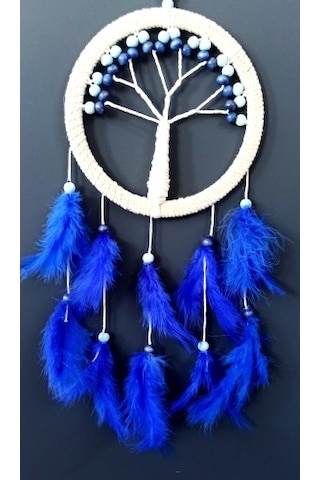 Saks Mavisi Kuş Tüylü Hayat Ağacı Düş Kapanı Dream Catcher Duvar