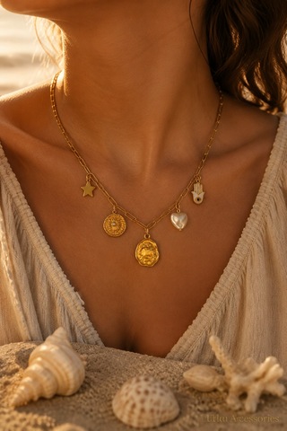 Stainless Steel Charm Gold Çelik Kolye Altın