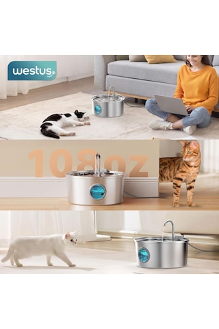 3.2 L Premium Paslanmaz Çelik Kedi Ve Köpek İçin Su Pınarı & Su Sebili Ultra Sessiz Su Seviyesi Led Göstergeli Yedek Filtre Hediye