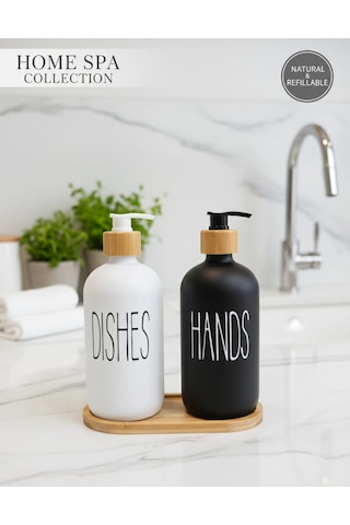 2'li Sıvı Sabun Ve Bulaşık Deterjanı Seti 500 Ml Hacimli Bambu Kapak Ve Ahşap Standlı Beyaz - Siyah