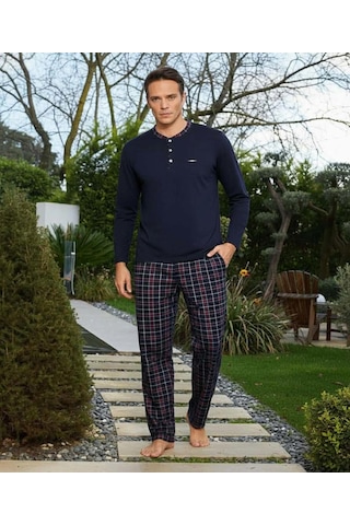Pijamoni Erkek Standart Kalıp Pamuklu Düğme Yaka Uzun Kol Baharlık Pijama Takımı 6300/8l - 1 Adet Lacivert