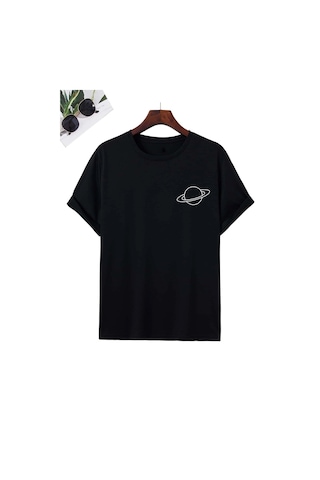Flood Of Style Unisex Saturn Baskılı T-shirt Siyah
