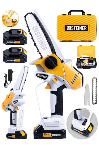 Steiner 21v Kömürsüz Motor Metal Dişli Çift Akülü Şarjlı Ağaç Odun Dal Budama El Testeresi Sarı