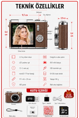 Solvis SOLVİSPR Dijital Retro Fotoğraf Makinesi + 64 GB Sd Kart