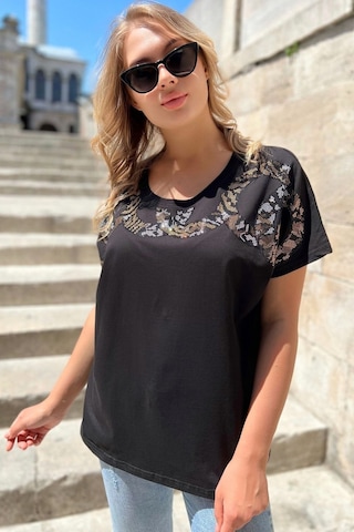 Rich Glam Bol Kalıp Leopar Crystal Taşlı Büyük Beden Kırmızı Şık Rahat Kadın T-shirt Siyah